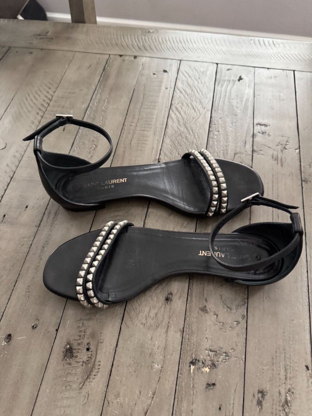 Saint Laurent Black Leather Ankle-Strap Sandals with Silver Studs - Picture 7 of 8
